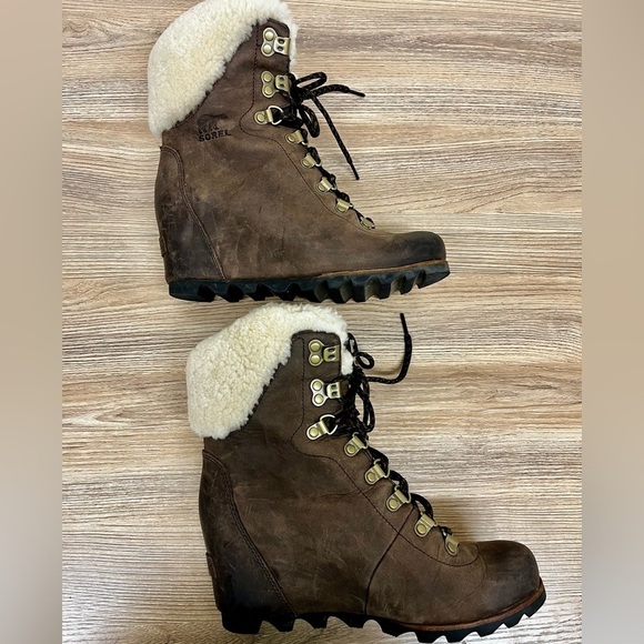 Sorel Conquest Wedge Fur Shearling Ankle Boots Brown Leather Lace Up - 7.5 - Picture 3 of 11